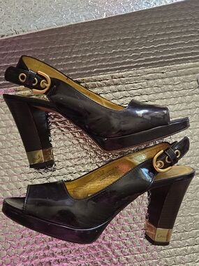 Coach Black Patent Leather Peep-Toe Slingback Heels with Gold Accents